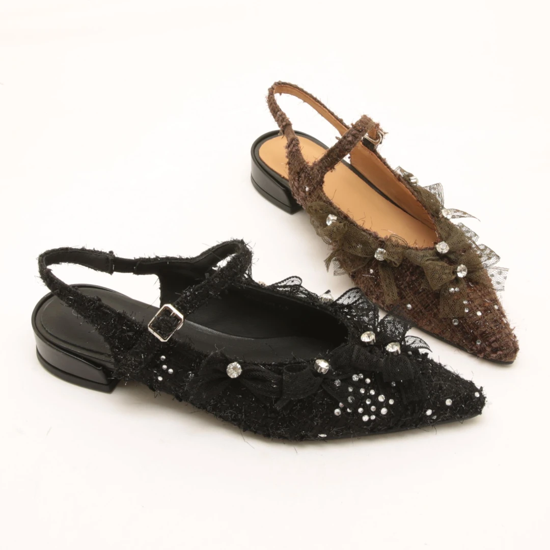 6656夏季新款小香风低跟包头凉鞋女水钻尖头松紧后绊带玛丽珍鞋