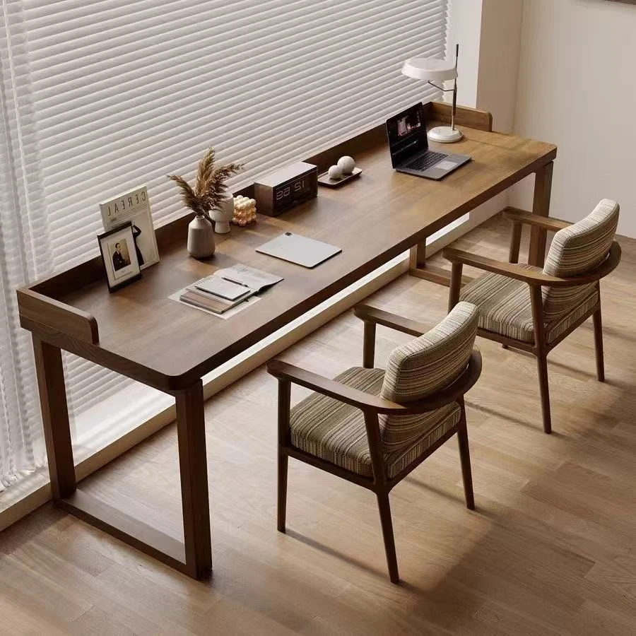 北欧全实木书桌双人长条桌挡板家用儿童学习桌卧室写字办公电脑桌