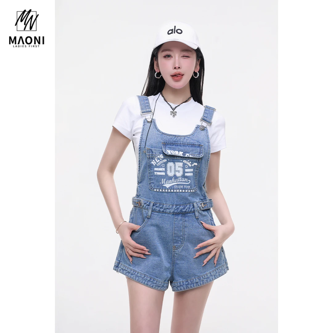 毛妮Peshe【碧穹裁浪】美式水洗牛仔蓝背带裤女夏季阔腿短裤L1744