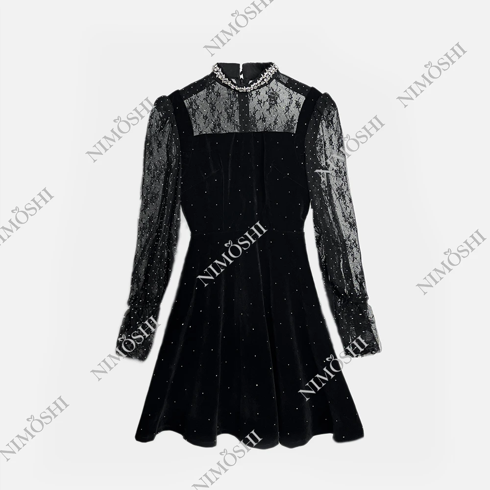 NIMðSHI【莎莎】新款时尚轻奢小众镶钻气质显瘦款连衣裙女Q1002