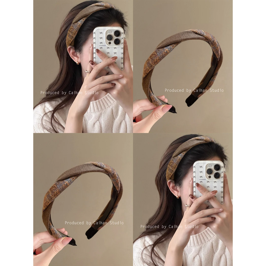 甜心栗子~韩系秋冬毛呢拼色格纹麻花发箍洋气日常外戴高颅顶头箍