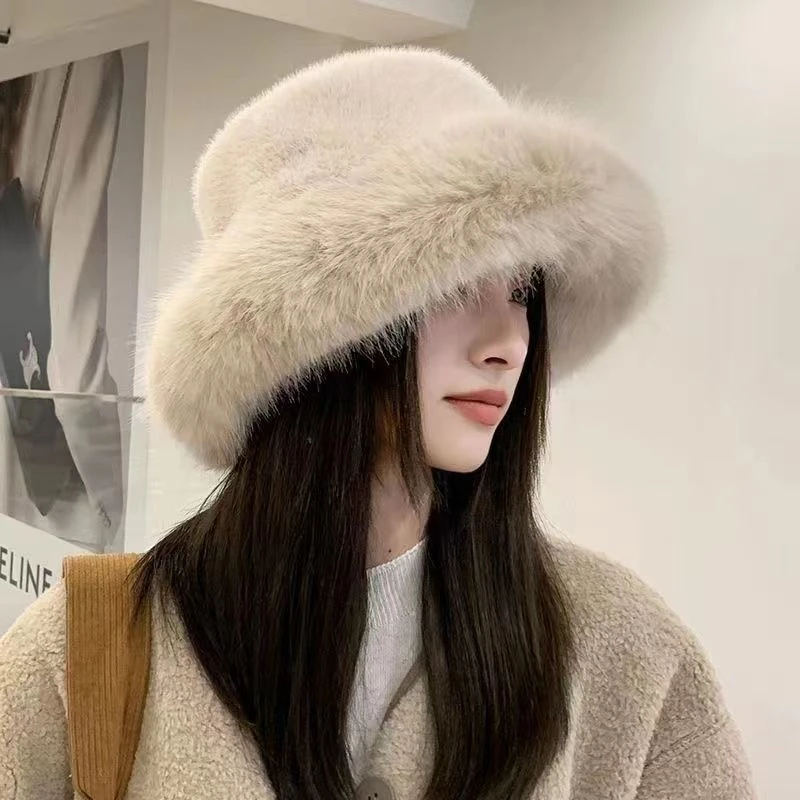 毛茸茸渔夫帽子冬季帽子盆帽加绒毛绒超厚毛毛保暖日系百搭显脸小