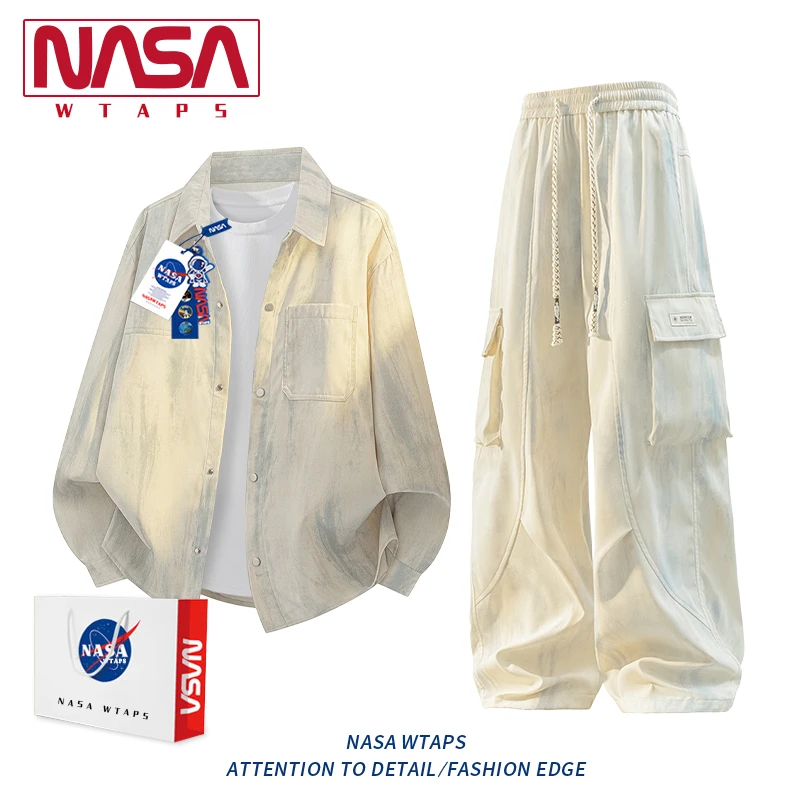 NASA WTAPS美式扎染大码套装男秋季情侣翻领衬衫青少年宽松两件套