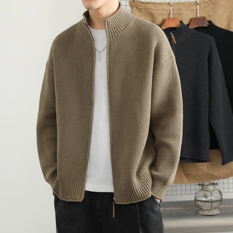 大码开衫外套男士春秋季新款潮牌高级感休闲立领夹克宽松针织毛衣