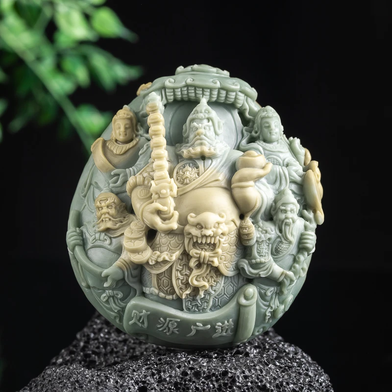 精品天然阿拉善玛瑙彩玉俏色巧雕精工雕刻五路财神摆件