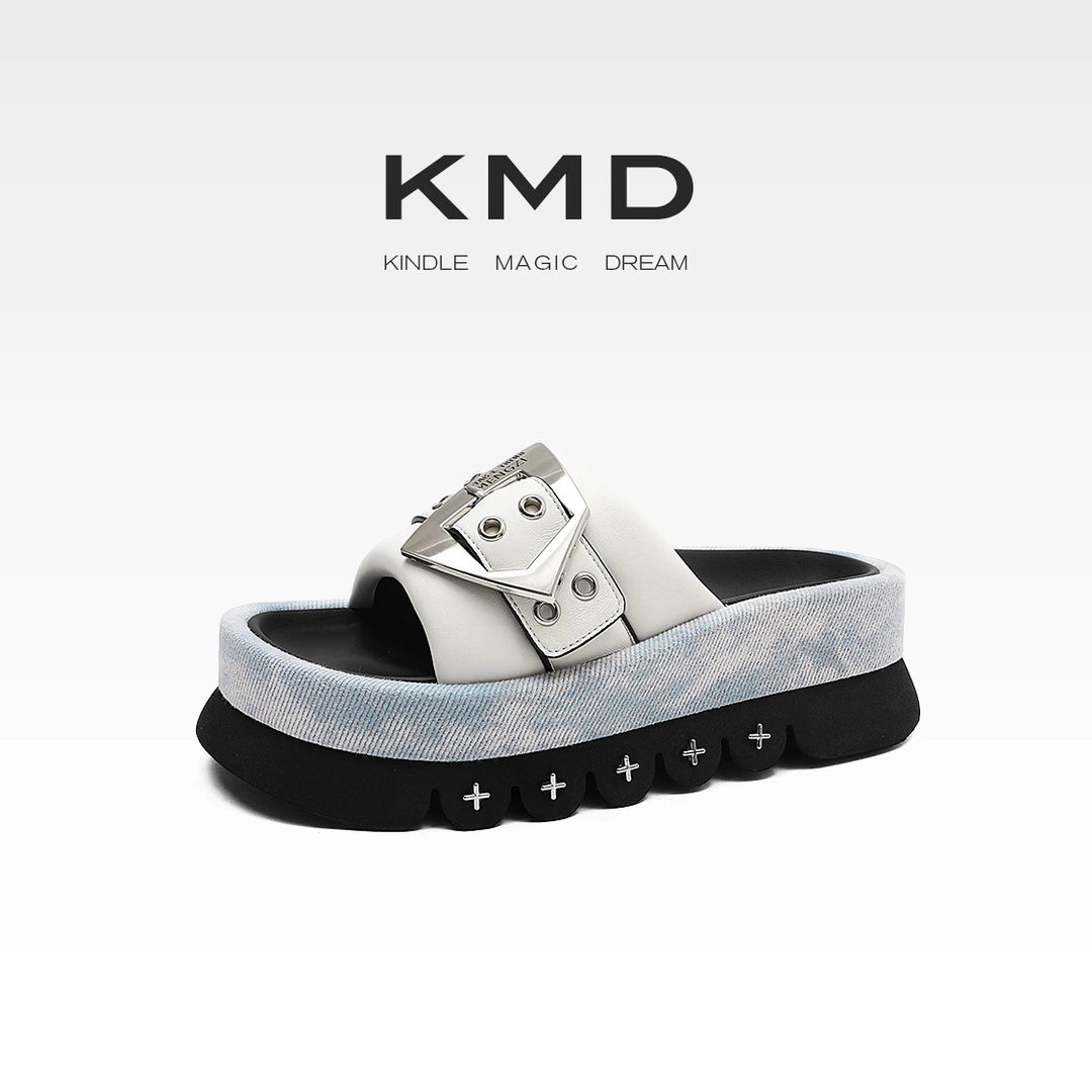 KMD s原创设计 2025新款真皮一字拖厚底凉拖鞋女外穿设计感沙滩鞋