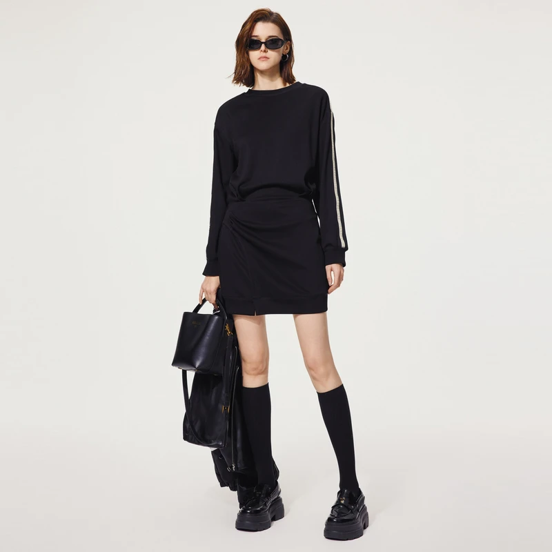 U/TI 极简风简约撞色感腰部抽绳显瘦运动风套头中长款长袖连衣裙