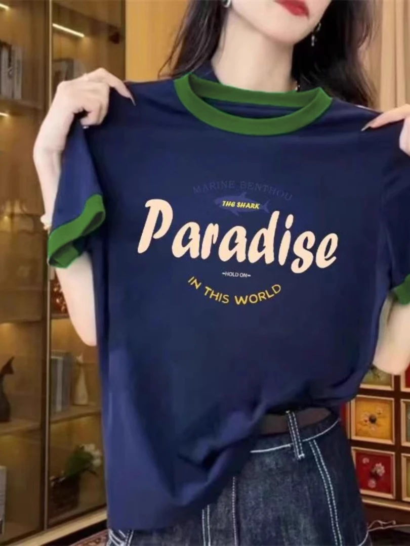 撞色圆领短袖T恤女2025夏季新款宽松显瘦小众设计感印花体恤上衣