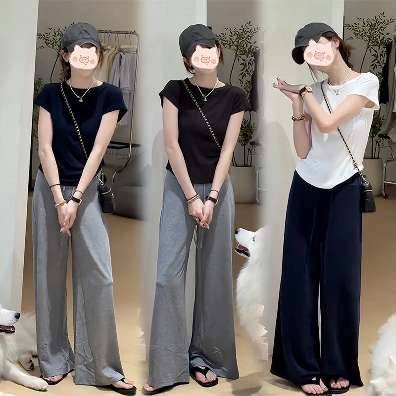 夏季韩系时尚百搭穿搭慵懒风上衣短袖搭配宽松简约阔腿裤套装女潮