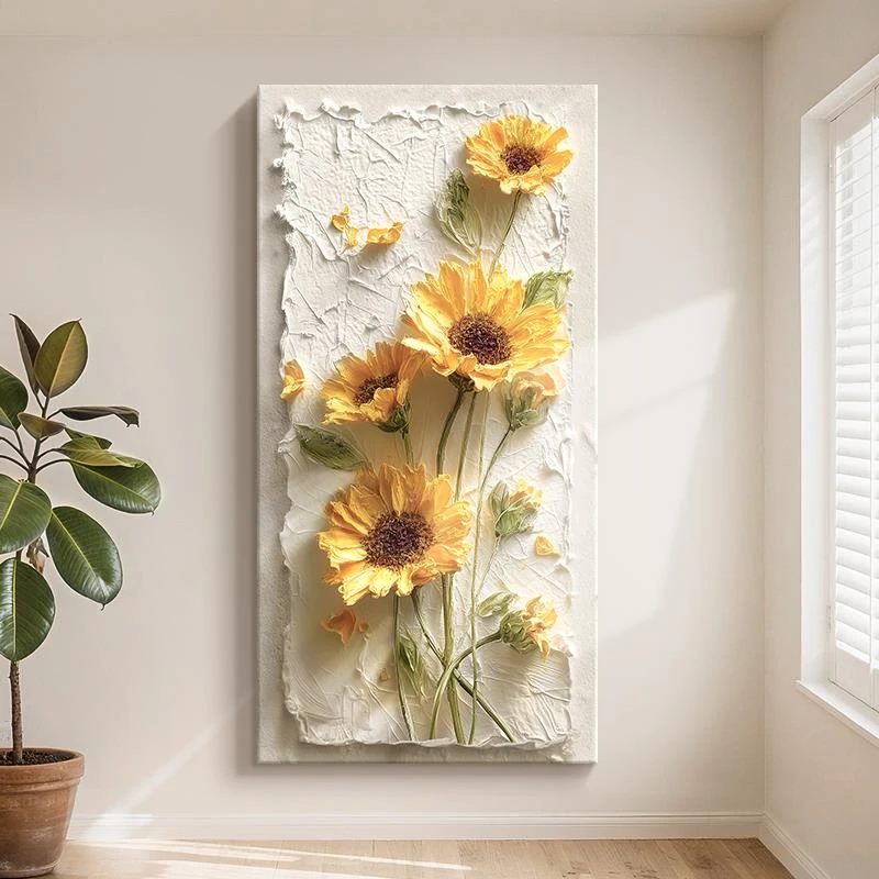 奶油风向日葵玄关装饰画现代简约走廊过道挂画高级感竖版玄关壁画