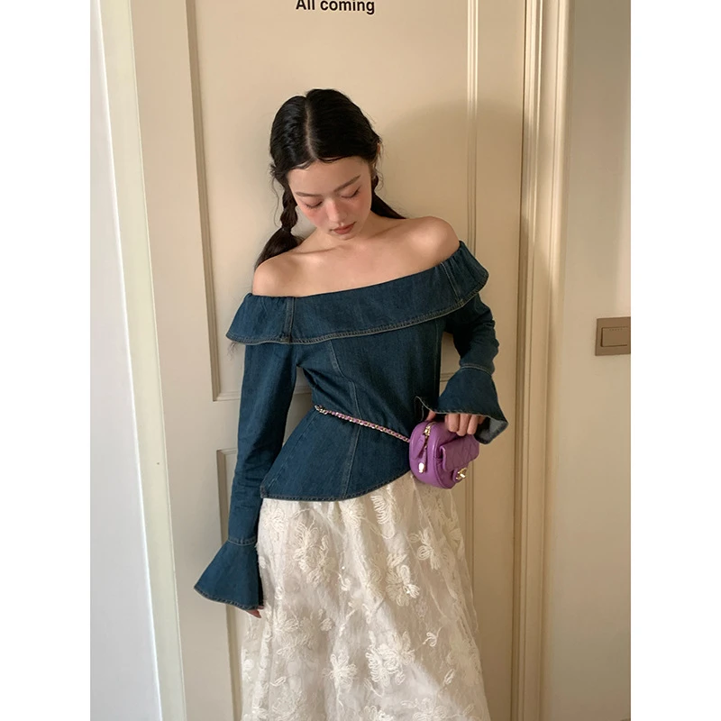 NEWOPEN 春法式复古牛仔收腰花瓣袖一字肩衬衣F1389