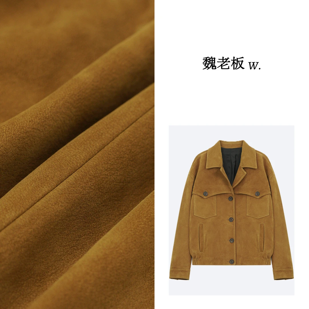 W.Diva【艾莎】姜黄色慵懒感复古宽松翻领保暖羊皮皮衣女3C0124066