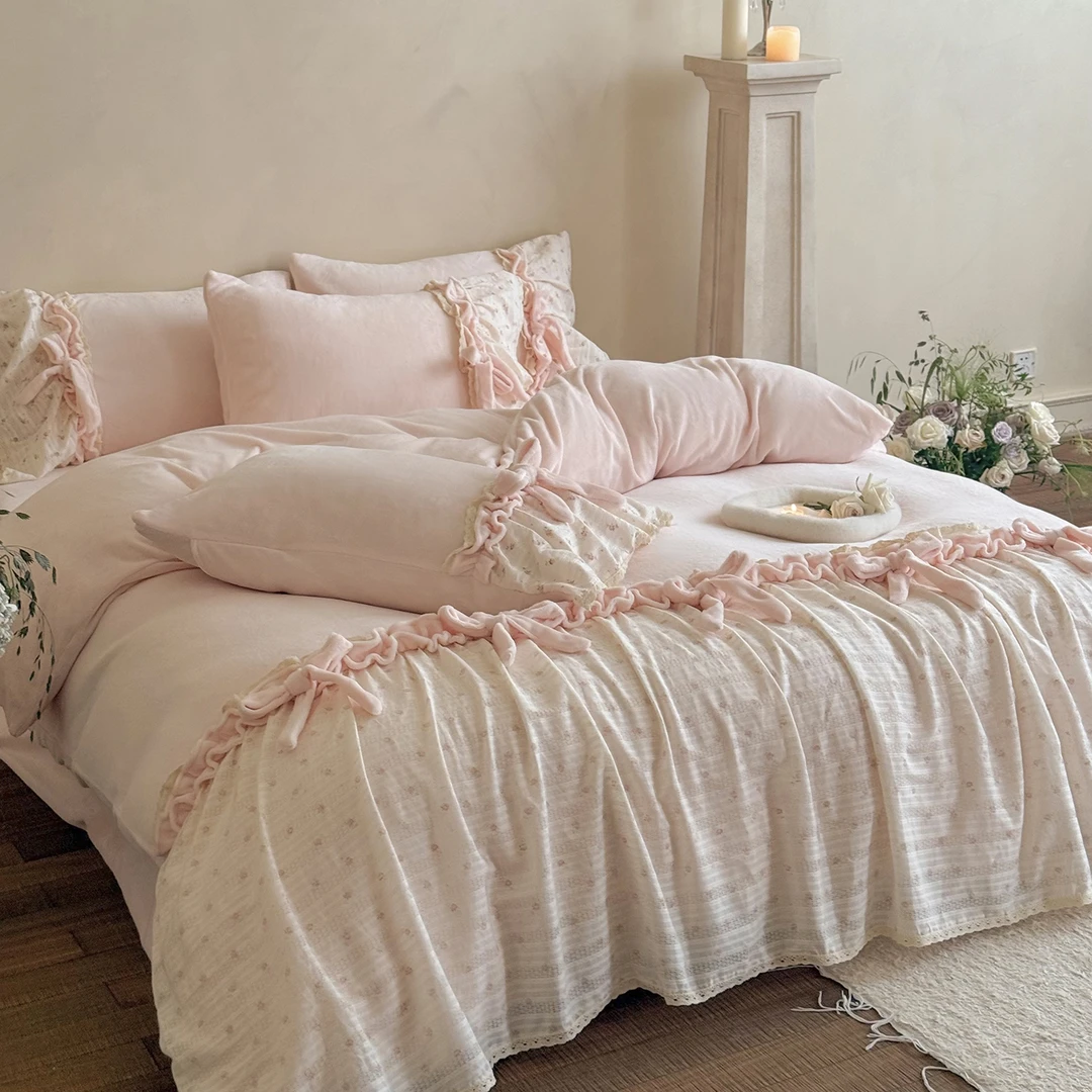 少女心秋冬季牛奶绒四件套立体蝴蝶结大宽边被套床单1.8m床上用品