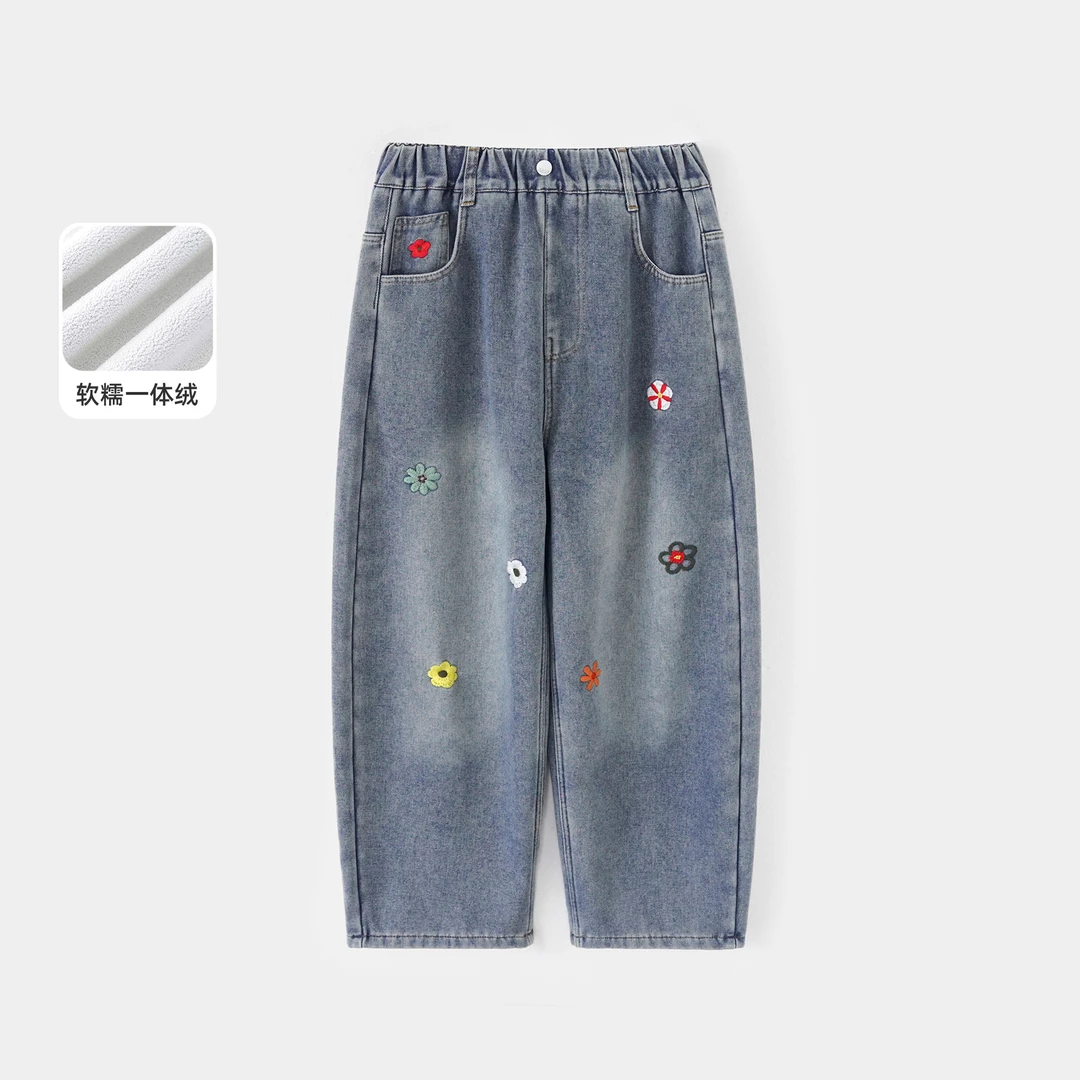 SZKP女童2025秋冬装长裤中大童新款一体绒儿童牛仔直筒裤DTD3020
