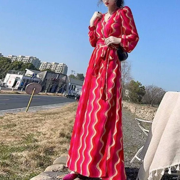 5469#法式气质茶歇连衣裙一片式交叉绑带裹裙显瘦长裙