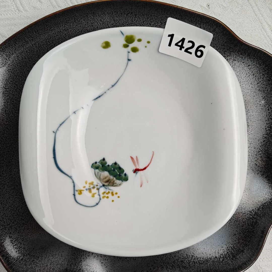 景德镇手绘釉中彩（食品级）卷边盘浅盘方盘碟子菜盘餐具786