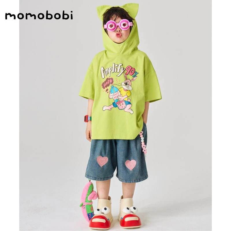 momobobi自制新款儿童短袖韩版可爱个性卡通连帽T恤耳朵百搭上衣