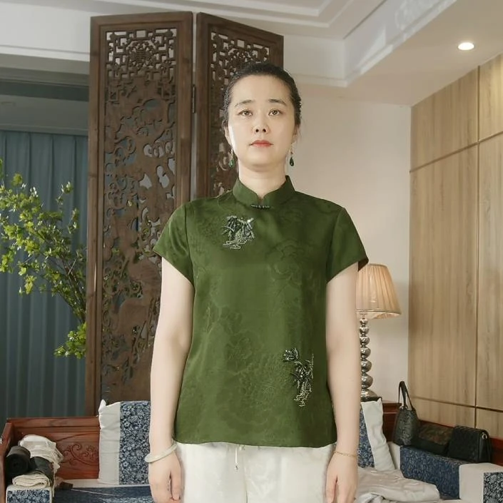 品叔&精工 · 桑蚕丝罗纹缎红云纱新中式立领短袖绣花上衣