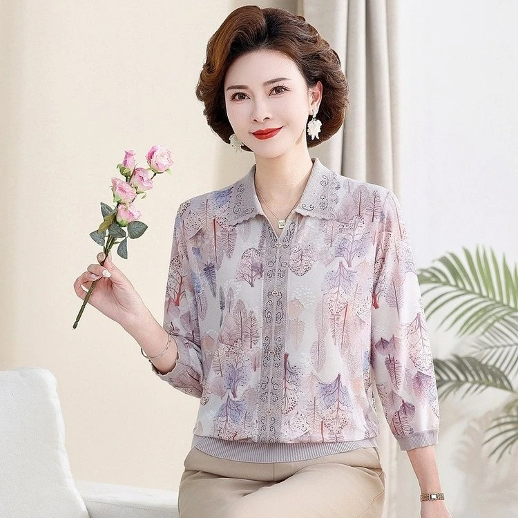 妈妈装2025春夏新款弹力冰丝衫七分袖翻领上衣中老年女装53