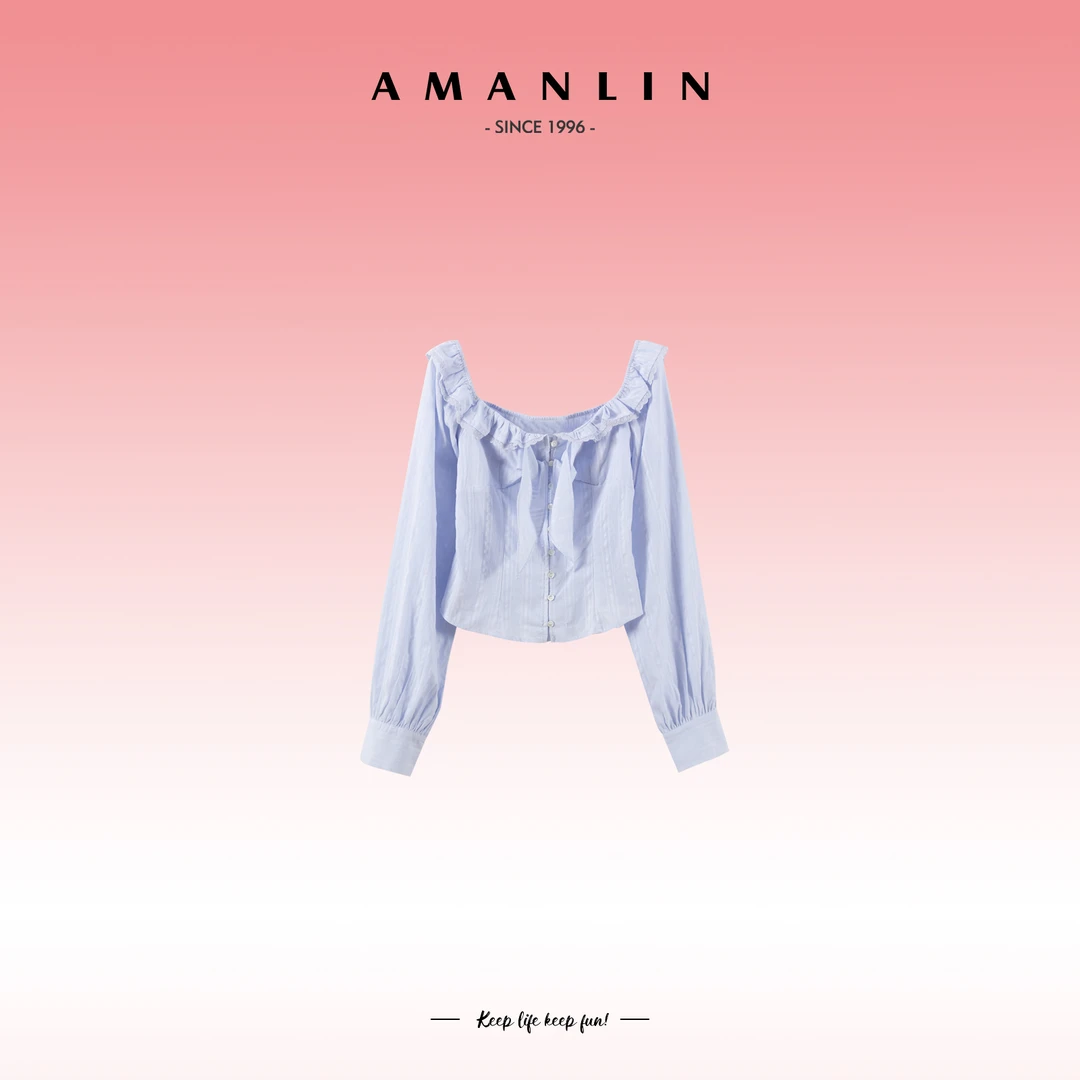 AMANLIN/阿謾琳法式显瘦高级感一字领蕾丝花边长袖上衣女D595692