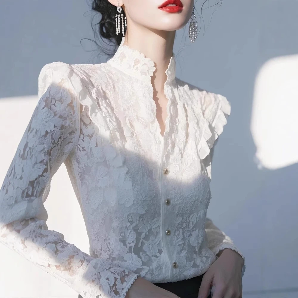 法式气质上衣女轻奢高级感独特漂亮超好看白色蕾丝衬衫春新款现货