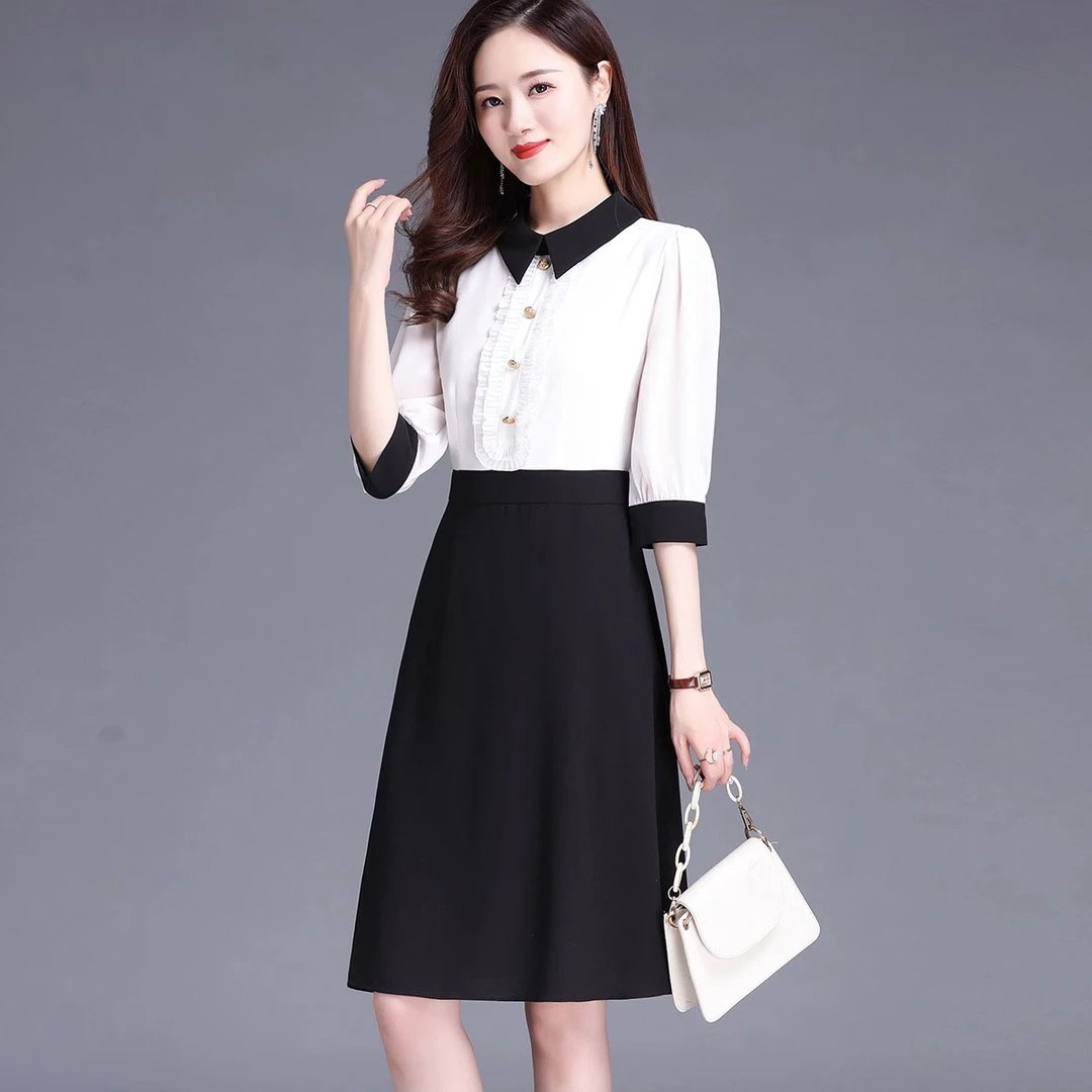 高级感连衣裙女春夏2025新款高端法式气质名媛洋气韩版黑白七分袖