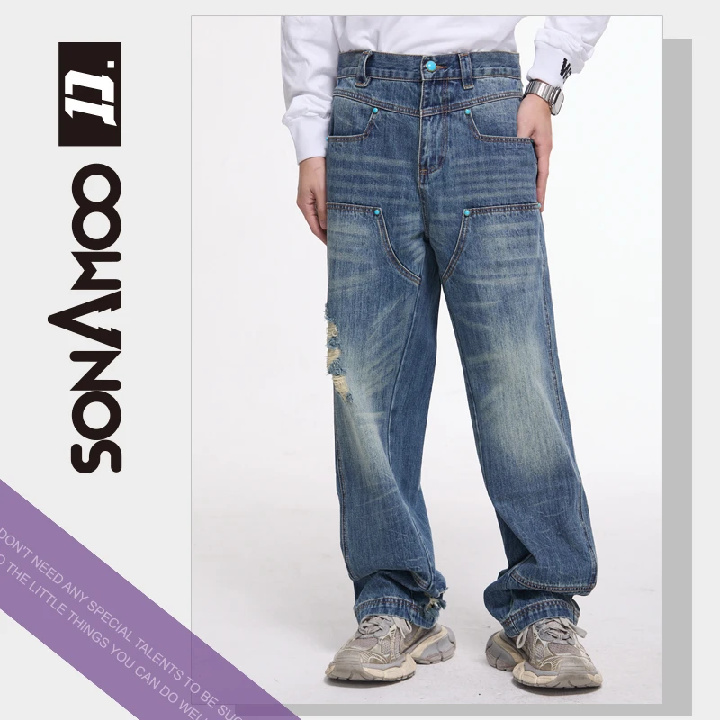 【D1N03】绿松石轻奢百搭明线绣花秋冬潮流休闲男士牛仔长裤D1N03