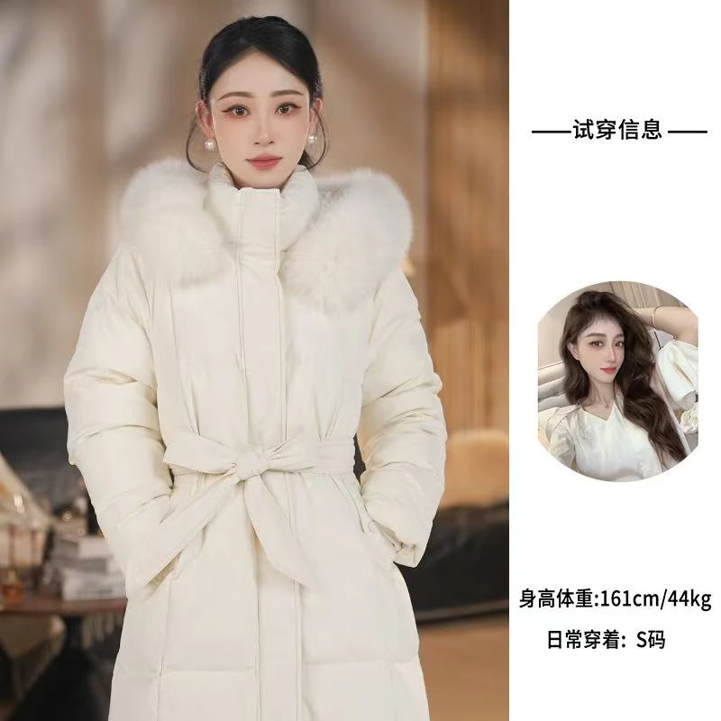 2024新款狐狸毛加厚保暖中长款白鸭绒羽绒服外套，