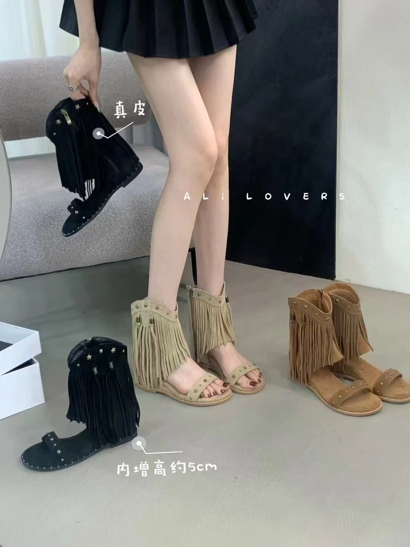 248-10 真皮罗马凉鞋女夏季新款法式流苏柳钉凉靴内增高露趾短靴