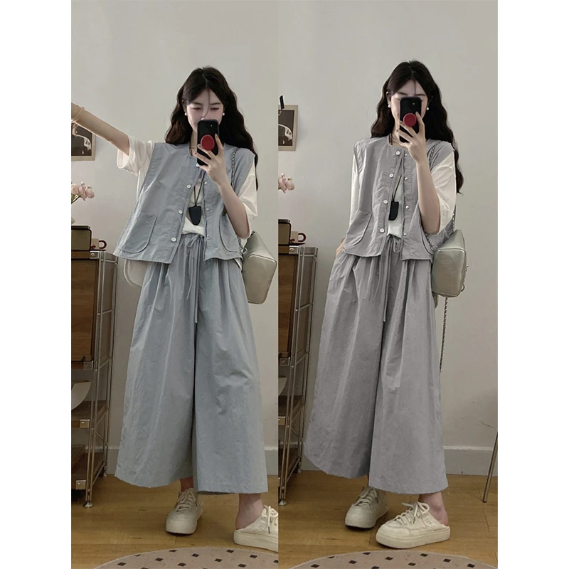 大码女装韩系叠穿三件套夏季胖通勤马甲背心短袖t恤阔腿休闲裤子