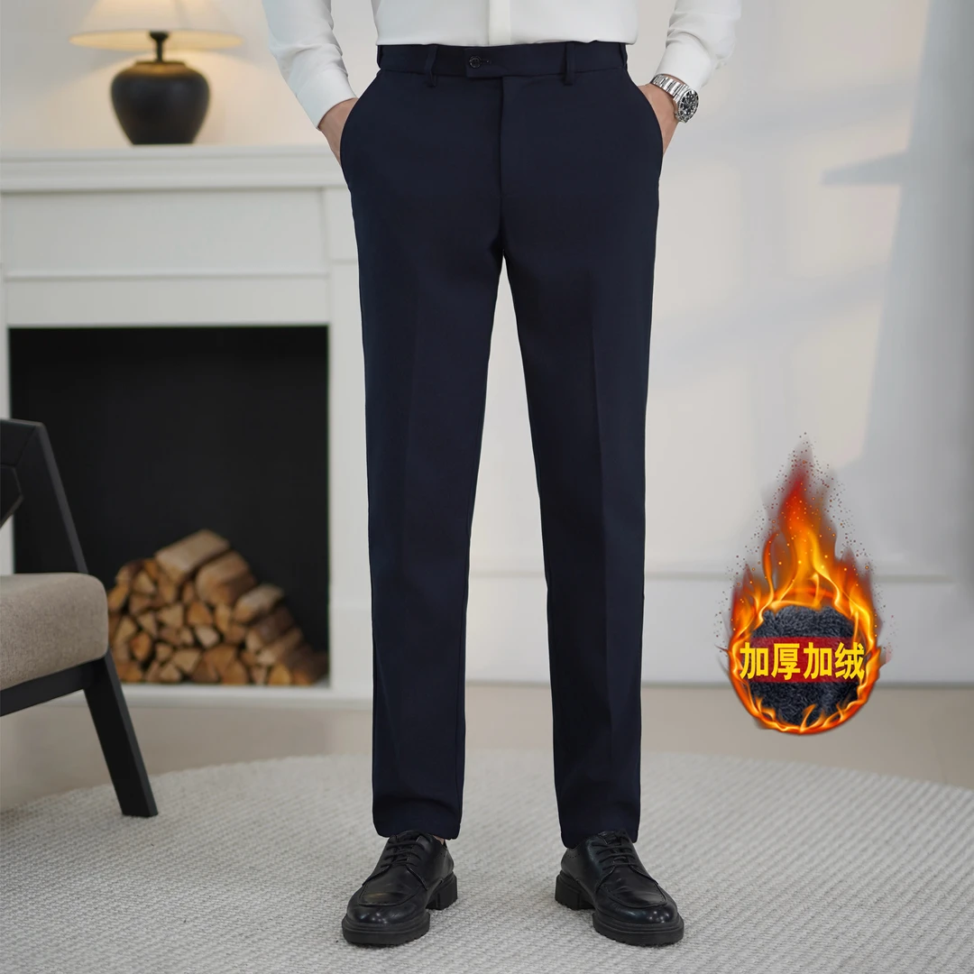 冬季男士加绒保暖西裤商务百搭修身锥形裤纯色英伦松长裤子男