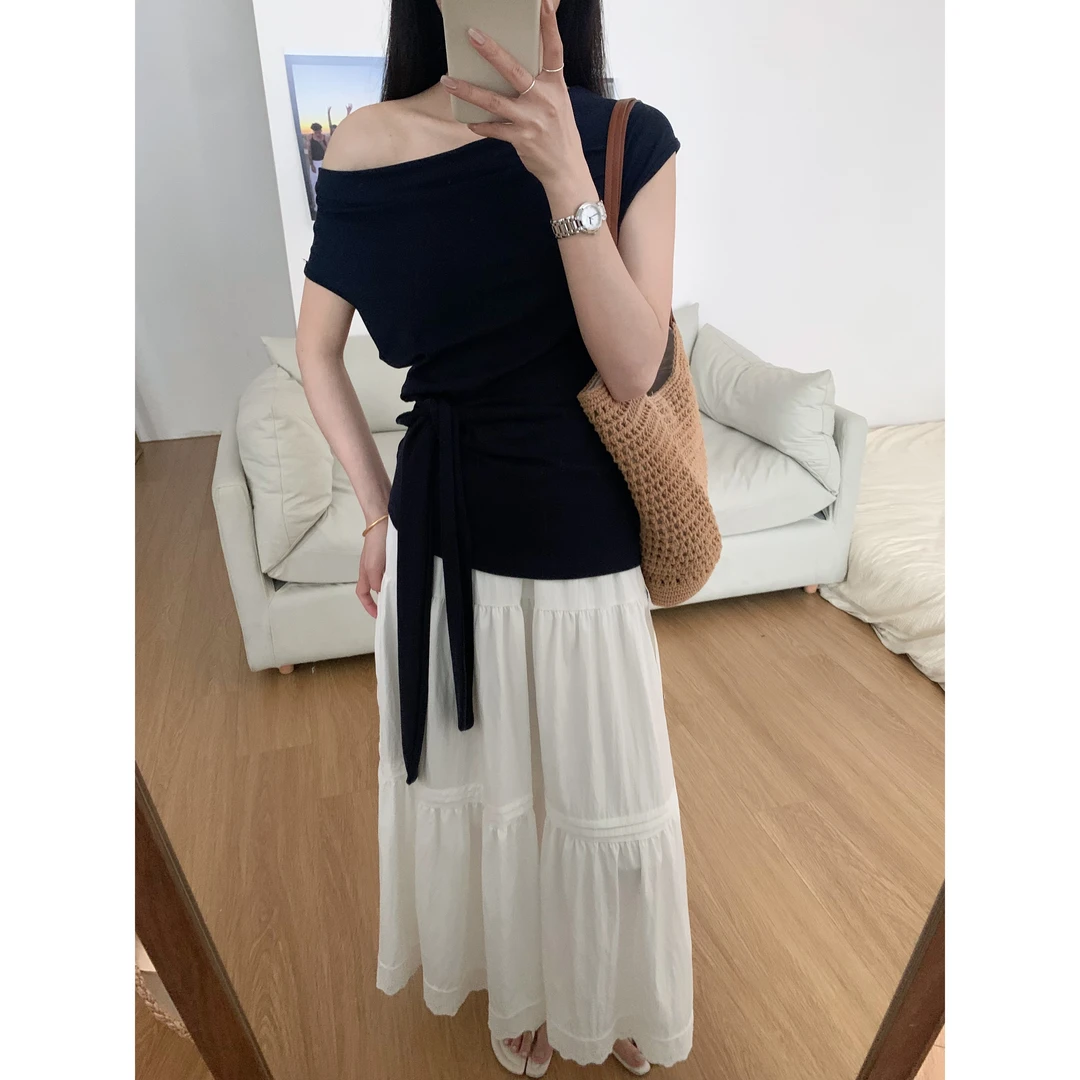 983#超显气质~不规则绑带收腰修身显瘦T恤短袖