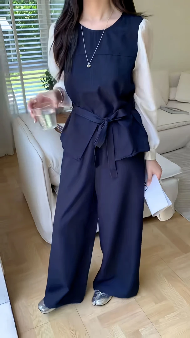 老钱风极简风休闲风法式时尚套装休闲小众气质收腰#8813