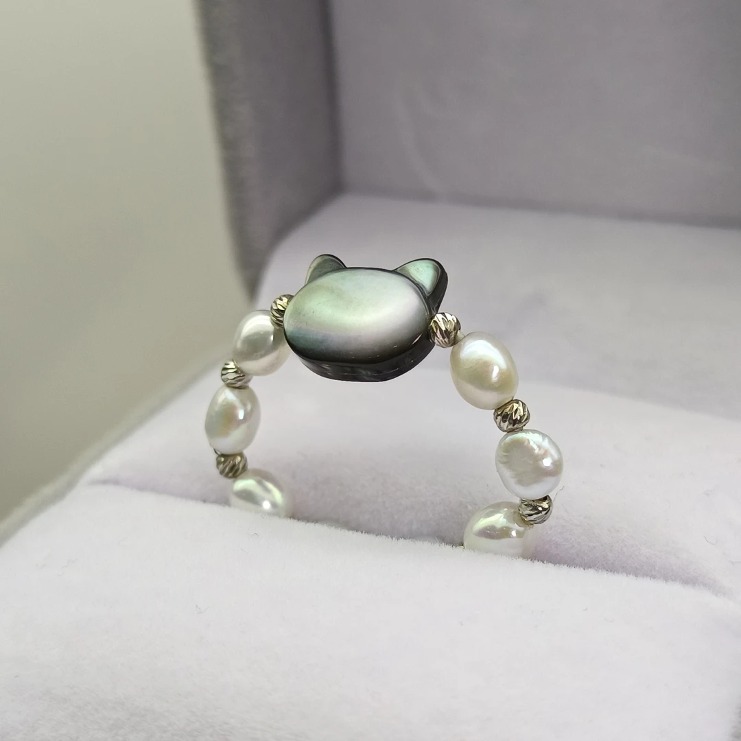 【瑞米珍珠】淡水巴洛克隔珠贝母猫咪弹簧戒指戒圈3-4mm（多样性发）