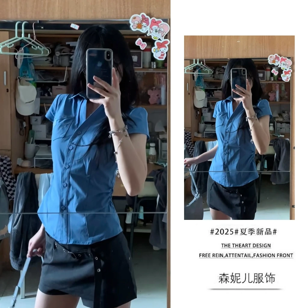时尚穿搭女2025夏季新款气质V领收腰衬衫短袖显瘦百搭裙裤两件套