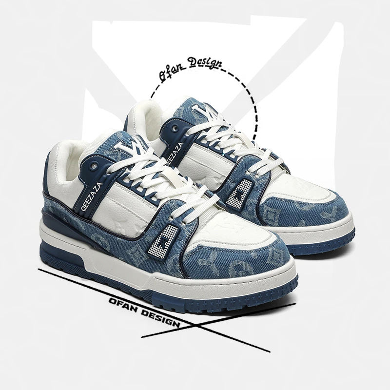 小众国潮板鞋男女款夏季厚底增高休闲面包鞋牛仔帆布拼接男鞋透气