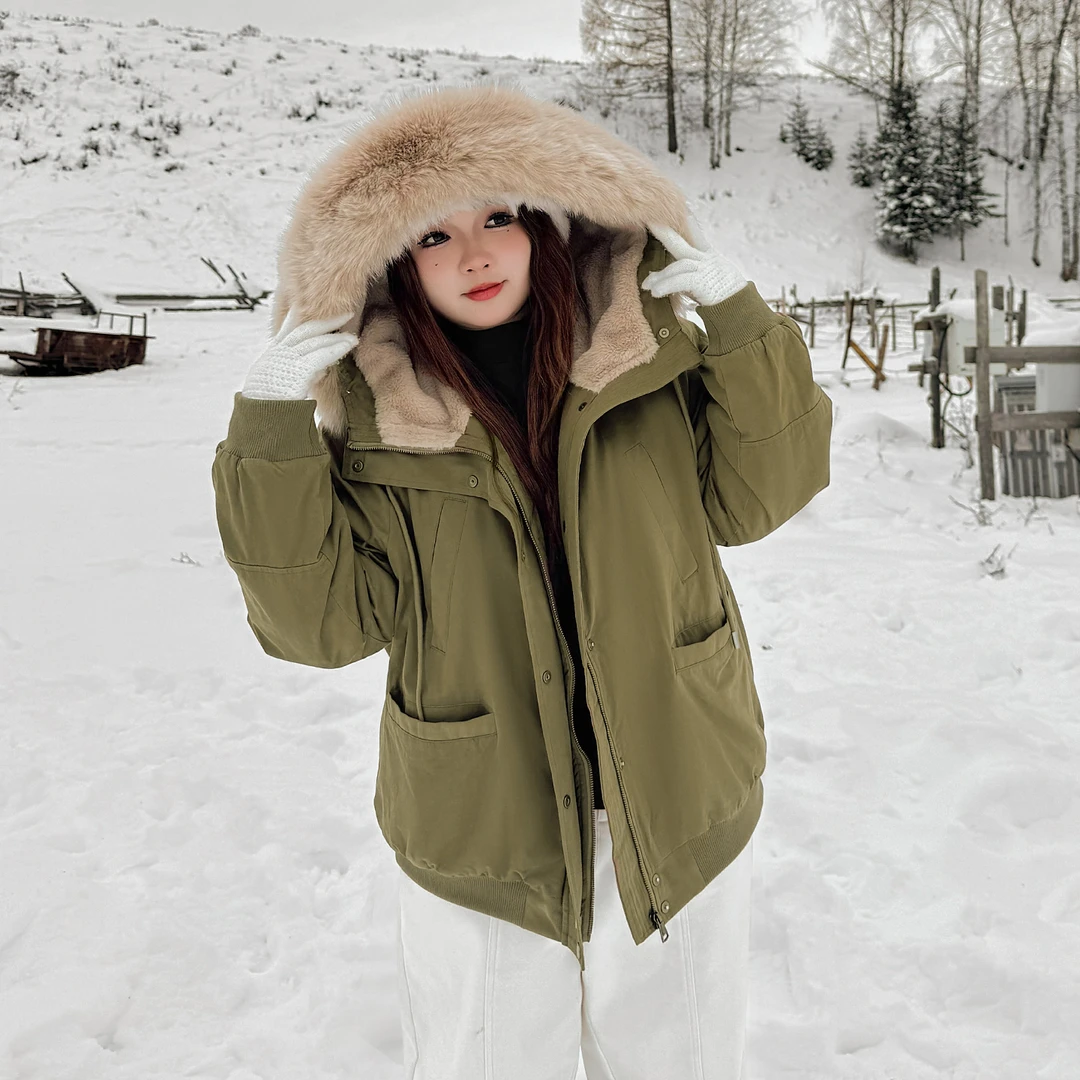 DD8743大码女装【寒冬大毛领派克服】轻户外连帽宽松加厚夹棉衣外套