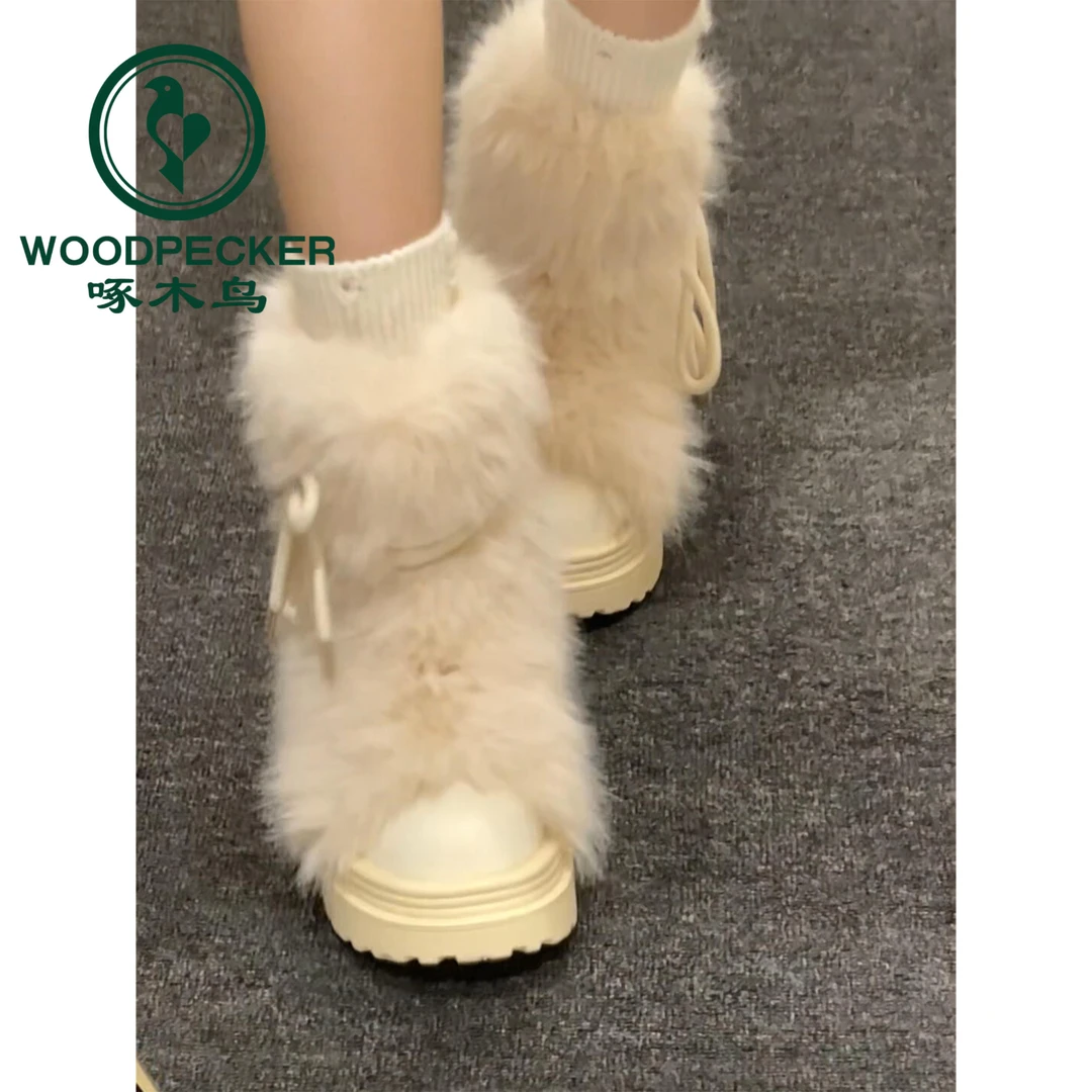 啄木鸟白色厚底雪地靴女2025新款加绒加厚毛毛棉鞋增高显瘦短靴女