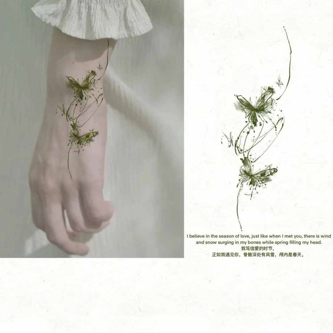 山蝶半截春绿蝶高颜值流行小众彩色蝴蝶纹身贴古风2025防水贴纸