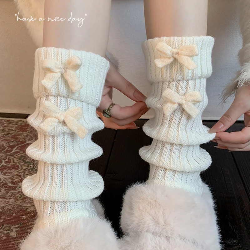 韩系棉袜套女秋冬新款甜美蝴蝶结堆堆袜加厚保暖复古针织毛线腿套