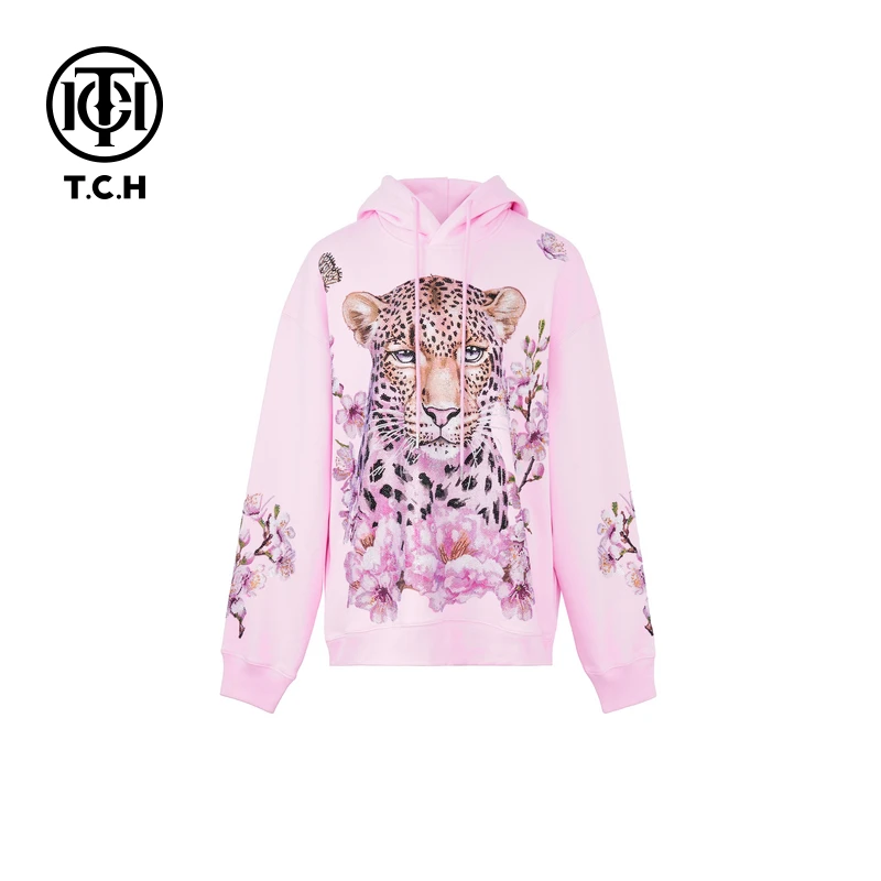 TCH轻奢秋季慵懒风花豹子烫钻休闲加厚连帽卫衣外套T72C126015