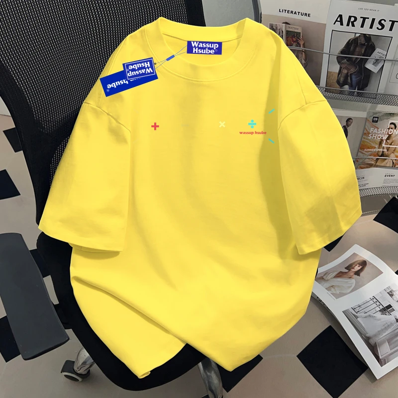 WASSUP HSUBE纯棉重磅简约印花圆领短袖T恤男女夏季宽松休闲上衣