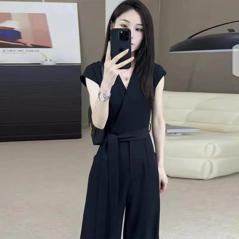 气质女神范连体裤女夏季职业通勤法式v领束腰修身显瘦阔腿裤代发