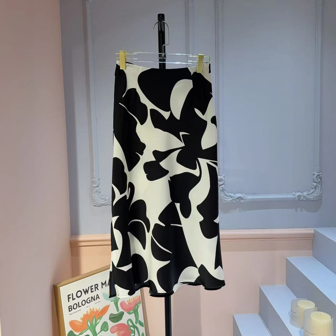 ANGELIAORIGINAL黑白印花显瘦夏款优雅气质垂感百搭半身裙#628