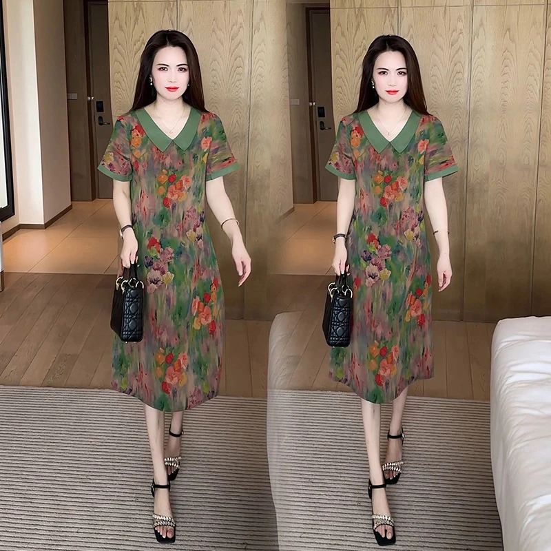 妈妈夏季遮肉气质显瘦新款碎花裙子女减龄V领薄款洋气中长连衣裙