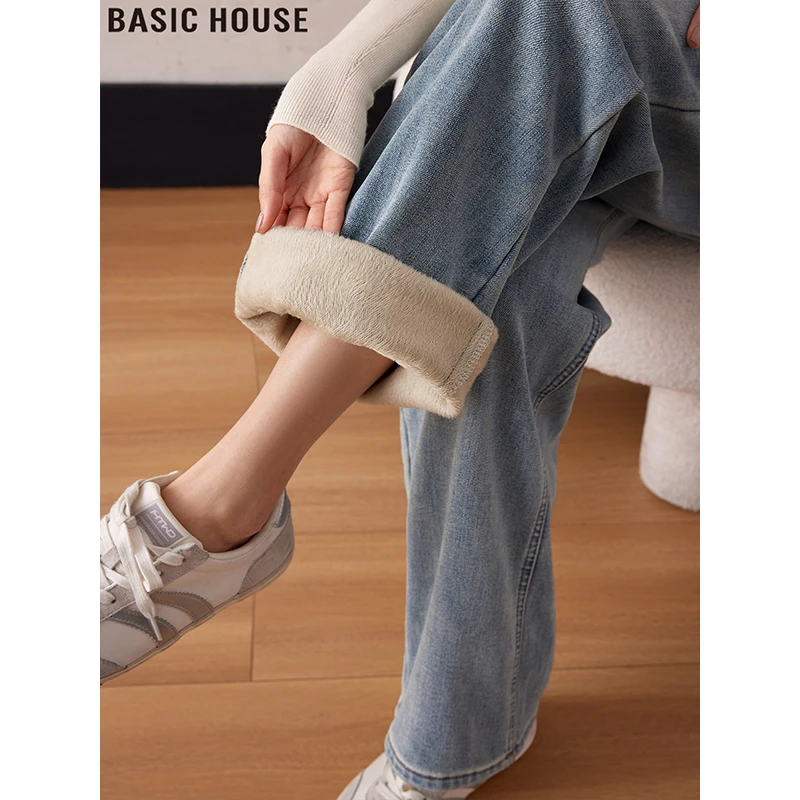 Basic House/百家好加绒加厚保暖浅色直筒阔腿牛仔裤子女2025秋冬