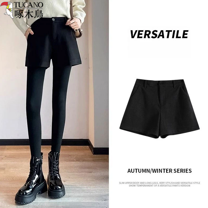 啄木鸟新款毛呢短裤女款2025秋冬洋气高腰显瘦遮胯休闲百搭靴裤