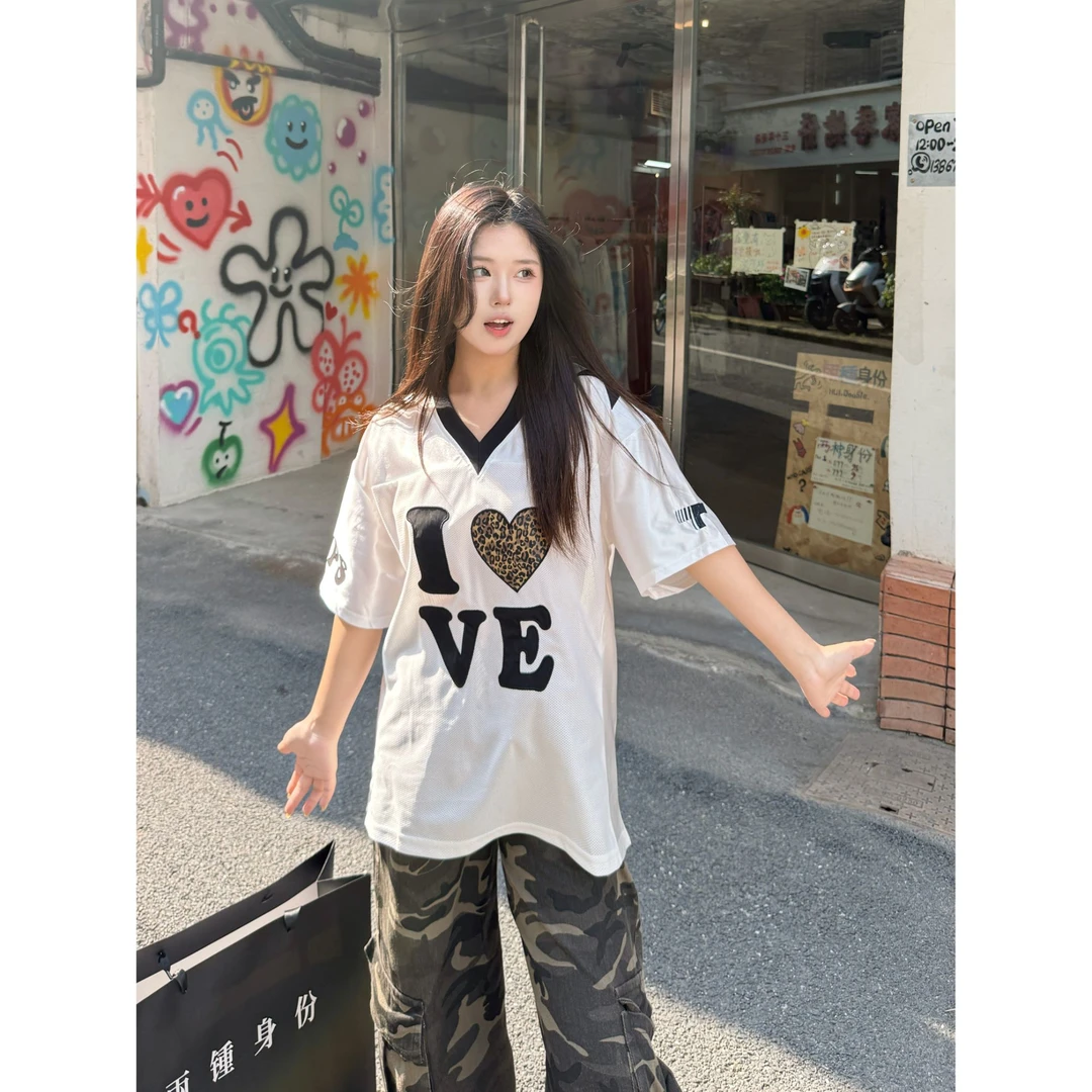 两種身份美式街头趣味豹纹爱心男女球服设计感别致球服短袖T恤