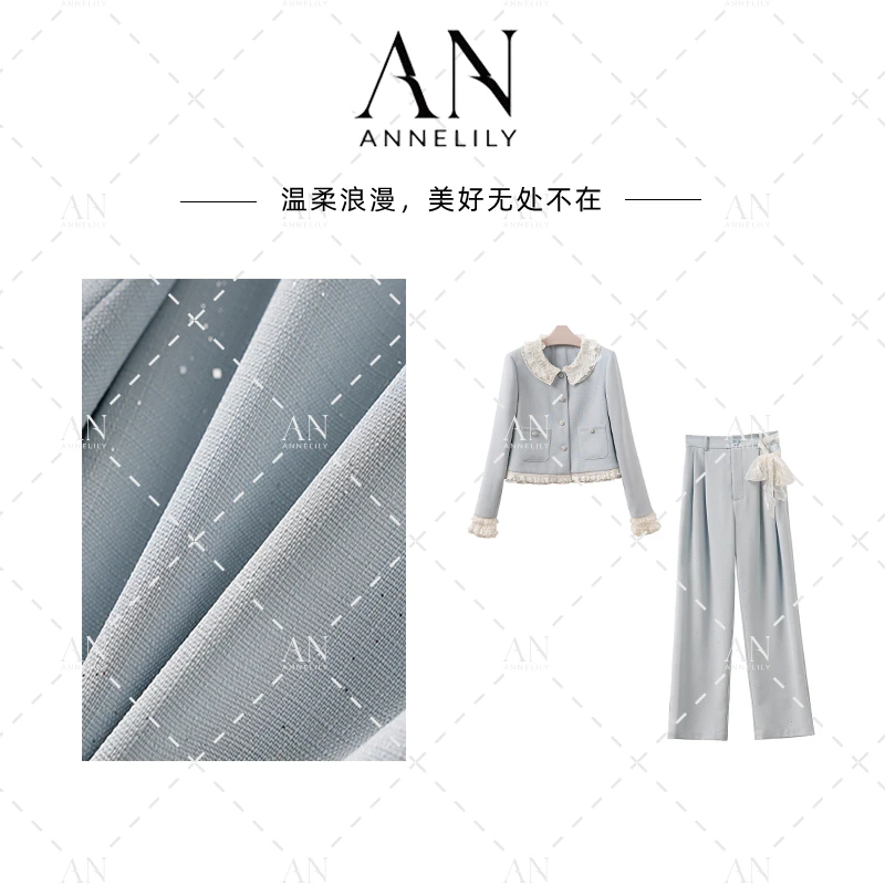 ANNELILY安甜甜【黛蓝】夏季高级感时尚气质轻奢长裤套装AT2508047