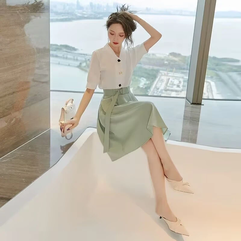 雪纺衬衫半身裙两件套夏季新款时尚套装气质